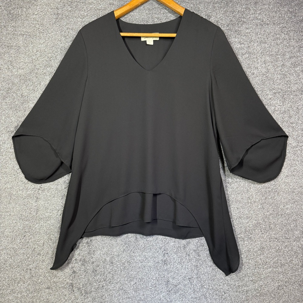 Charlie Paige Blouse Womens S/P Black V-Neck Tulip Sleeve Sharkbite Hem